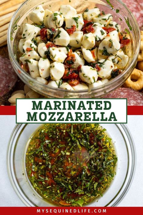 A bowl of marinated mozzarella pearls on an antipasto platter and the bowl of herb seasoned olive oil. Mozzarella Cheese Balls Recipe, Marinated Mozzarella, Marinated Cheese, Mozzarella Pearls, Mozzarella Balls, Skewer Appetizers, Caprese Skewers, Antipasto Platter, Party Snack Food