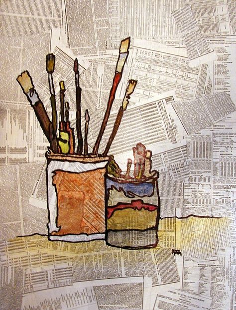 newspaper still life Newspaper Background, Blind Contour Drawing, Kunstjournal Inspiration, Blind Contour, Newspaper Art, 5th Grade Art, Paper Collage Art, Contour Drawing, Elementary Art Projects