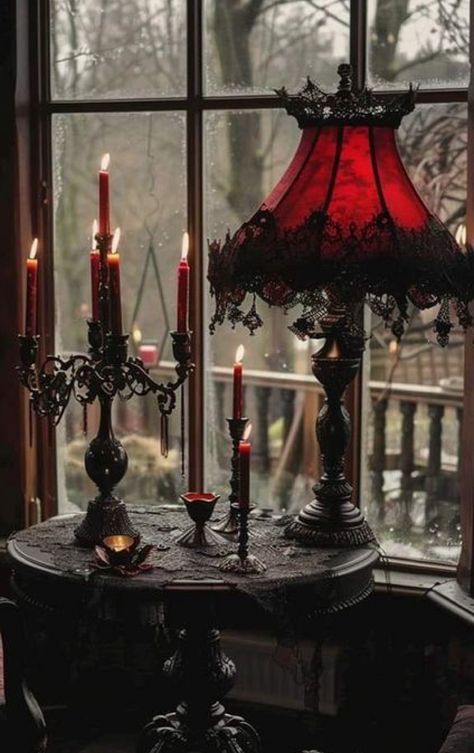 Vampire Aesthetic House, Victorian Goth Christmas, Red Witch Aesthetic, Vampire Room Aesthetic, Vampire Manor, Gothic Victorian House Interior, Vampire Christmas, Goth Lamp, Vampire Room