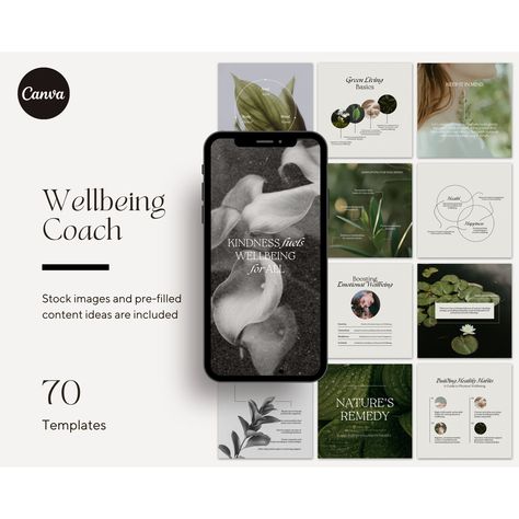 This Wellbeing Instagram Coach pack features 70 unique, aesthetic-themed Instagram templates in three sizes, plus 18 highlights and 15 carousel templates designed to captivate your audience. Ideal for Wellness Coaches, Holistic Coaches, Health Coaches, Spiritual Coaches, Wellbeing Coaches, Content Creators, and even business accounts.  Establish yourself as a trusted authority by using these informative, engaging, and entertaining pre-designed Instagram templates.   .#CanvaTemplates #SocialMediaDesign #InstagramIdeas #PinterestTemplates #CreativeCanva Coaching Aesthetic, Wellbeing Coach, Wellness Newsletter, Wellness Template, Coach Aesthetic, Aesthetic Instagram Template, Luxury Social Media, Health Social Media, Holistic Coach