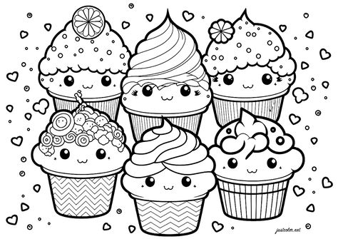 Pretty "Kawaii" cupcakes that you have to bring to life with your pencils and markers! - JustColor.net : Free adult printable coloring pages Balloon Coloring Pages Free Printable, Candy Coloring Pages, Princess Knight, Cupcake Coloring Pages, Kawaii Birthday, Happy Birthday Coloring Pages, Food Coloring Pages, Birthday Coloring Pages, Valentine Coloring Pages