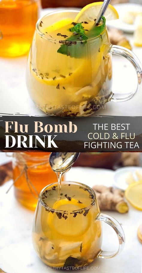 Flu Bomb Tea - An Immune Booster Drink Cold Remedy Tea, Bomb Drinks, Tea For Colds, Cold Remedy, Herbal Remedies Recipes, Honey Ginger, Sick Remedies, Immune Booster, Lemon Honey