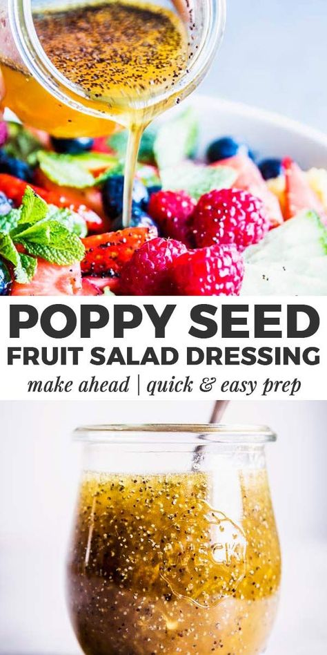 This Poppy Seed Fruit Salad Dressing is what you'll want to add to all your fruit salads this summer! It's quick to whip up in just a few minutes and made with a handful of healthy real food ingredients you probably have on hand already. Try it for your next picnic or BBQ - it's so delicious! Perfect for Easter, Mother's Day or BBQ picnics! | #summer #recipe #easyrecipes #dressing #easter #mothersday #spring #bbq #sidedish #dessert #cleaneating #healthy Poppy Seed Fruit Salad, Fruit Salad Dressing, Salad Cobb, Fruit Dressing, Fruit Salad With Marshmallows, Healthy Fruit Salad, Best Fruit Salad, Seed Salad, Dressing For Fruit Salad