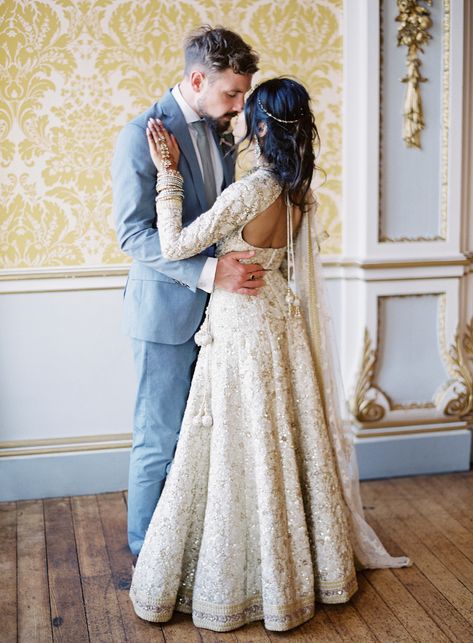 Photography: http://www.taylorandporter.co.uk | Read More: https://www.stylemepretty.com//www.stylemepretty.com/vault/image/5320488 Indian American Wedding Fusion Dress, White Indian Wedding Dress, Countryside Estate, Indian American Weddings, Bride Saree, Wedding Aesthetics, Hindu Ceremony, Bridal Photo, White Indian Wedding