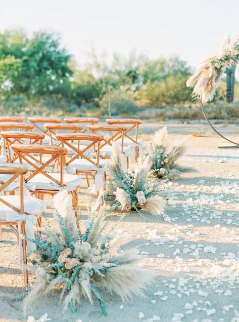 Blue And Copper Southwest Wedding In The Desert - Weddingchicks % Boho Beach Ceremony Decor, Coastal Boho Wedding Decor, Beach Boho Wedding Decor, Desert Wedding Florals, Coastal Boho Wedding, Wedding Walkway Decorations, Isle Decorations Wedding, Desert Wedding Colors, Rustic Coastal Wedding