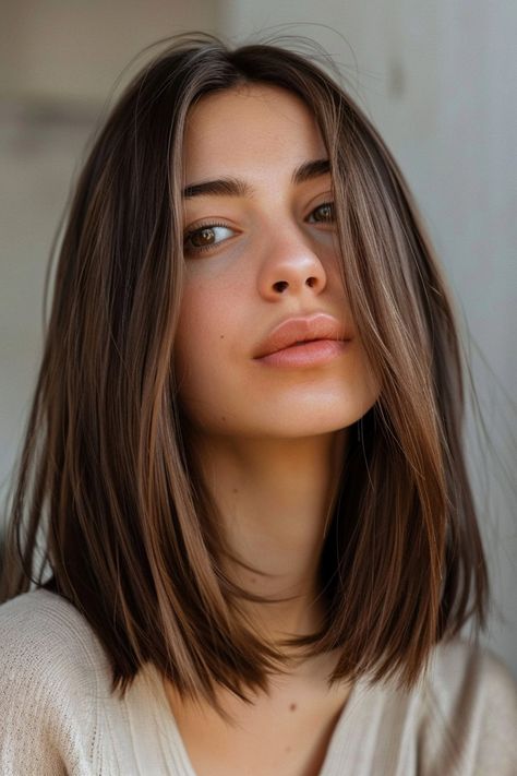 40+ Chic Shoulder-Length Hair Ideas To Refresh Your Look This Year - Flo's Blog Dark Hair Mid Length Hairstyles, Collar None Length Hair, Best Length For Fine Hair, One Length With Bangs, Fall Hair Mid Length, Brown Hair Refresh, Best Length Hair For Round Faces, Trendy Straight Haircuts, Shoulder Length Hair Styles For Thick Hair