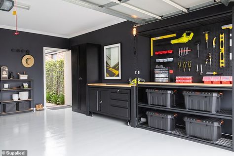 How to transform your garage for $2,500: Couple make over cluttered space with items from Bunnings Rinnovo Garage, Garage Workshop Layout, Garage Storage Inspiration, Garage Design Interior, Garage Organisation, Garage Renovation, Cool Garages, Small Garage, Garage Remodel