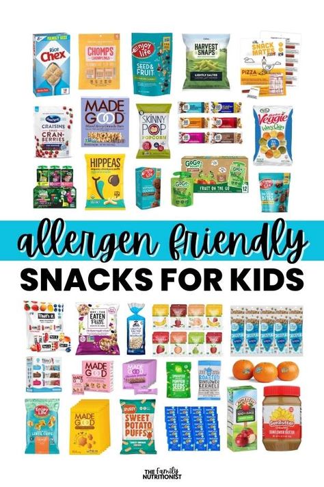 Allergy Friendly Snacks For School, Nut Allergy Snacks For Kids, Dairy Free Packaged Snacks, School Friendly Snacks, Allergy Friendly Recipes For Kids, Dairy Free Kids Snacks, Top 9 Allergy Free Recipes, Peanut Free Snacks For Kids, Nut Free Snacks For School