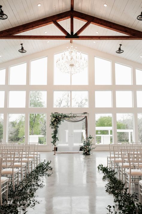 Greenery On Gazebo Wedding, Modern Wedding Venue Ideas Outside, Unique Indoor Wedding Venues, Wedding Venue Inspiration Indoor, Industrial Modern Wedding Venues, Inside Venue Wedding, Modern Farm Wedding Decor, Modern Indoor Wedding Ceremony, Wedding Venue Ideas Modern