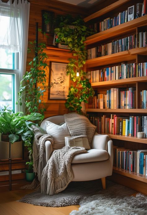 Library Corner Bedroom, Cosy Book Nook, Reading Book Chairs, Reading Nook Lighting, Cozy Reading Nook Ideas For Bedrooms, Small Book Corner, Reading Nook Ideas For Adults Cozy Corner, Reading Chair In Bedroom, Corner Reading Chair