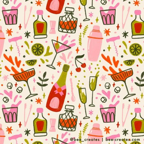 Remember this one? I loved it so much I created a whole pattern collection with it! This Cocktail Party pattern is now available for licensing along with the rest of my Pink Champage collection 🥂 #surfacedesigner #surfacepatterndesign #surfacepatterndesigner #surfacepattern #artlicensing #freelanceillustrator #freelanceillustration #pinkparty Christmas Cocktails Illustration, Cocktail Pattern, 1950s Illustration, Drink Illustration Graphics, Cocktail Art Illustration, Cocktail Illustration Graphic Design, Cocktail Illustration, Pink Cocktails, Fancy Cocktails