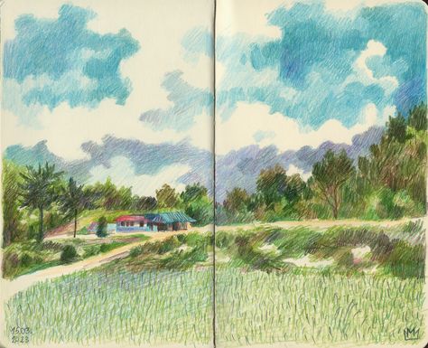 Artist: marjaz coloured pencils, sketchbook, sketch, crosshatch, sky, clouds, village Color Pencil Clouds, Pencil Crayon Landscape, Colored Pencil Scenery, Clouds Colored Pencil, Color Pencil Landscape, Pastel Landscape Drawing, Colored Pencil Landscape, Colour Pencil Art Landscapes, Colour Pencil Drawings