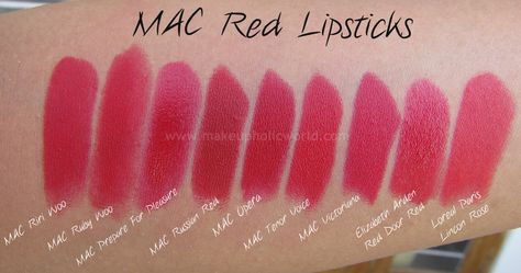 MAC RED LIPSTICKS Mac Chilli Red Lipstick, Mac Chilli, Mac Red Lipsticks, Ruben Toledo, Mac Russian Red, Elizabeth Arden Red Door, Mac Ruby Woo, Russian Red, Ruby Woo