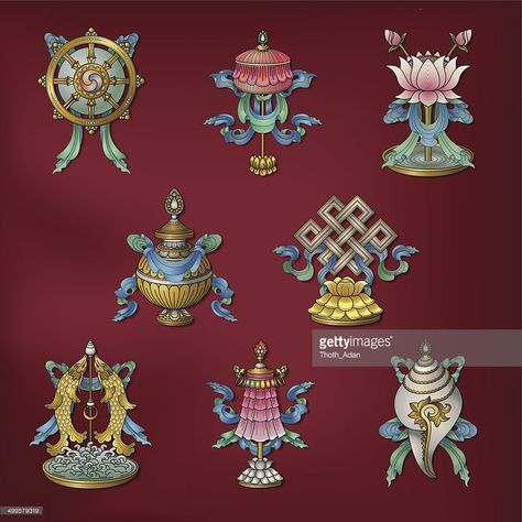 Vector Art : Eight Auspicious Signs / Ashtamangala – (Buddhist Symbols) Aum Art, Thanka Paintings, Butterfly Symbol, Tibetan Thanka, Eight Auspicious Symbols, Tibetan Symbols, Feng Shui Symbols, Blue Buddha, Buddhism Symbols