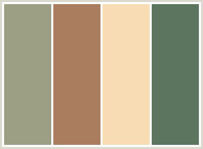 ColorCombo79 - ColorCombos.com color palettes, color schemes, color combos with hex colors codes #9C9F84, #A97D5D, #F7DCB4, #5C755E and color combination tags CACTUS, GREEN, MUESLI, ORANGE, ORANGE RED, SAGE, TAN, WHEAT, YELLOW GREEN. Tan Color Palette, Green Color Combinations, Beige Color Palette, Brown Color Schemes, Bathroom Color Schemes, Colors Schemes, Kitchen Colour Schemes, Green Color Schemes, Green Colour Palette