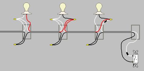 wiring - Power to a light, through two lights and then to a switch - Home Improvement Stack Exchange Electrical Switch Wiring, 3 Way Switch Wiring, Electrical Wiring Colours, Light Switch Wiring, Basic Electrical Wiring, Home Electrical Wiring, Three Way Switch, House Wiring, Electrical Wiring Diagram