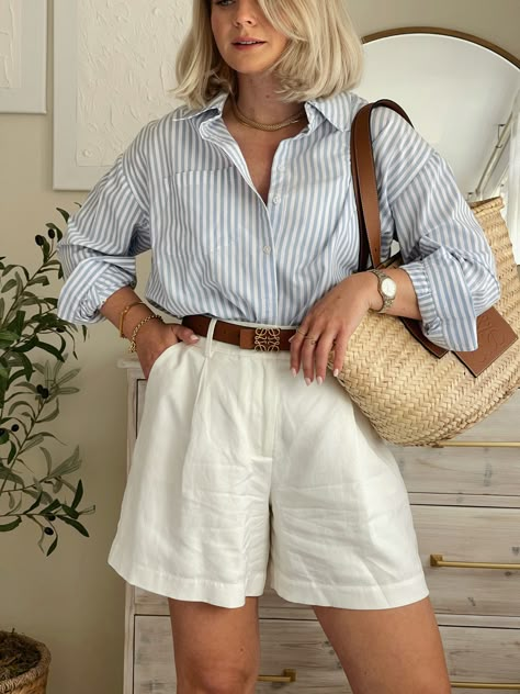 Bianca Short Coord curated on LTK Linen Trouser Shorts Outfit, Blue Striped Linen Shirt Outfit, Striped Shorts Outfit, Linen Shorts Outfit, Blue Striped Shirt Outfit, Linen Shirt Outfit, Tailored Waistcoat, Modest Girly Outfits, Capsule Wardrobe Women