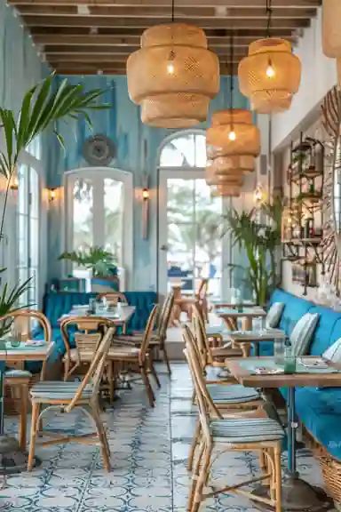 Image Beach Restraunt, Coastal Restaurant Interior Design, Beach Themed Restaurant, Bistro Restaurant Design, Chair Design For Restaurant, Seafood Restaurant Design, Beach Club Design, Beach Bar Design, Wicker Lamps