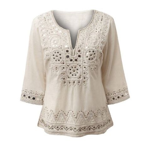 EAST MIRROR WORK TUNIC WITH 3 QTR SLEEVES AND NOTCH NECK WHITE SIZES... ($71) ❤ liked on Polyvore featuring tops, tunics, shirts, white sleeve shirt, shirts & tops, sleeve top, white shirt and split neck tunic Mahendi Ceremony, Mirror Patterns, Choli Blouse Design, Designer Dresses Elegant, Ceremony Dress, Mirror Work Blouse, Happy Dresses, Indian Tunic, Embellished Clothing