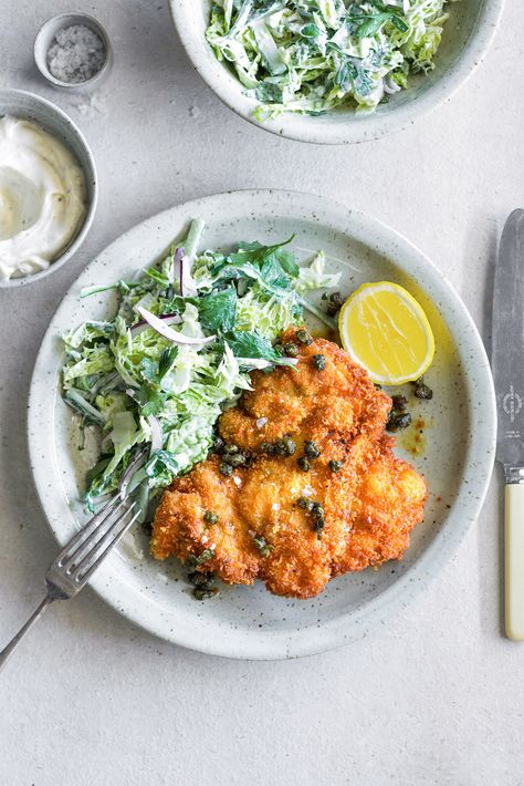 Chicken Schnitzel with Herb Salad — THE HUNGRY COOK Herby Salad, Fried Capers, Schnitzel Recipes, Free Range Chicken, Crunchy Chicken, Chicken Schnitzel, Herb Salad, Slow Cooked Beef, Cinnamon Toast