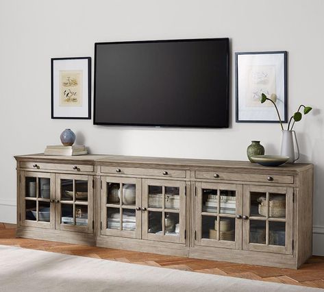 Tv Stand With Glass Doors, Large Tv Stand, Tv Mounted, Large Tv Stands, Tv Stand Designs, Diy Tv Stand, Farmhouse Tv Stand, Flat Screen Tv, Large Tv