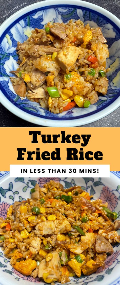 Got leftover turkey? This turkey fried rice is perfect! Made with turkey, veggies, eggs, and rice with some tasty sauce mixture. Leftover Turkey Fried Rice, Turkey Fried Rice Recipe, Turkey Rice Bowl Recipe, Turkey Fried Rice, Eggs And Rice, Turkey And Rice, Cooked Oysters, Turkey Rice, Dinner Board