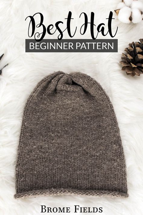 beginner stockinette stitch knit hat displayed on faux fur blanket How To Knit Hats For Beginners, Knit Hat Pattern Free Worsted, Simple Knitted Hat, Simple Knit Hat Pattern Free, Free Hat Patterns Knitting, Knit Beanie Pattern Free Easy, Knitted Hat Patterns Free Women Easy, Free Knit Beanie Patterns, Easy Knit Hats For Beginners