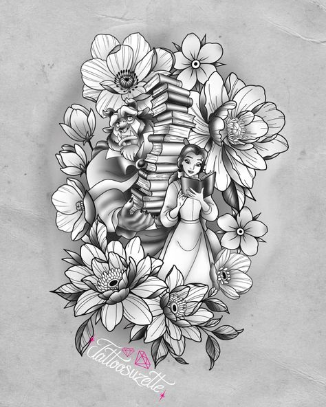 Disney Cover Up Tattoos For Women, Disney Calf Tattoos For Women, Disney And Flower Tattoo, Black And Gray Disney Tattoos, Disney Cover Up Tattoos, Disney Flower Tattoo, Belle Tattoo Disney, Disney Half Sleeve Tattoo, Beast Tattoo Design