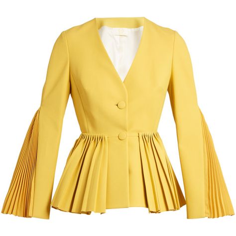 Sara Battaglia Pleated twill tailored jacket ($1,727) ❤ liked on Polyvore featuring outerwear, jackets, tailored jacket, peplum jackets, twill jacket, pleated jacket and sara battaglia Elegant Fitted Pleated Outerwear, Elegant Fitted Pleated Blazer, Tailored Yellow Formal Outerwear, Luxury Elegant Pleated Outerwear, Choli Blouse Design, Luxury Single-breasted Yellow Outerwear, Sara Battaglia, Flannel Fashion, Jacket Beige