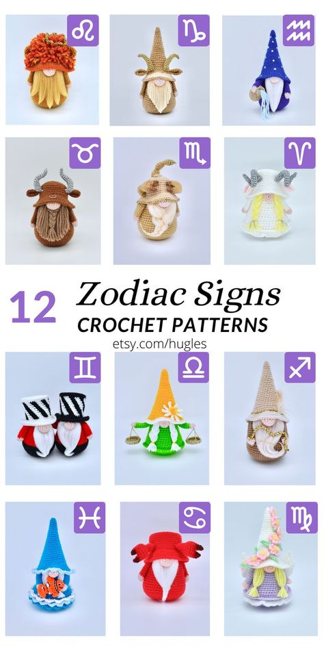 Crochet Zodiac Signs Gnomes Pattern, Amigurumi Zodiac Signs Gnomes Patterns Crochet Zodiac, Crochet Lovies, Gnomes Crochet, Sagittarius Gemini, Crochet Gnomes, Gnome Crochet Pattern, Gnome Ideas, Pisces Virgo, Crochet Gnome