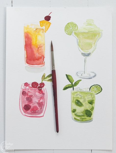 Watercolor Summer Art, Funky Watercolor Art, Watercolour Cocktails, Water Colors Painting Easy, Watercolor Art Simple, Water Colors For Beginners, Summer Watercolor Paintings, Watercolor Art Inspiration, Aesthetic Watercolor Art