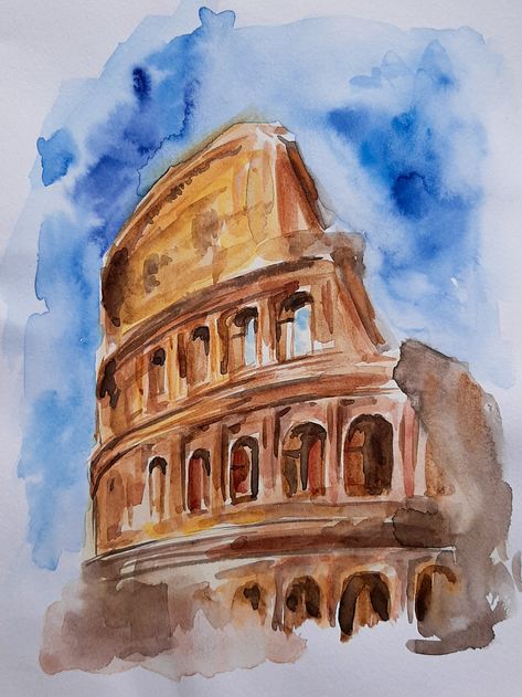 Italy Painting Watercolour, Europe Watercolor Painting, Art Reference Watercolor, Europe Painting Easy, Italian Drawings Easy, Rome Watercolor Painting, Watercolor Italy Easy, Watercolor Art Italy, Coliseum Painting