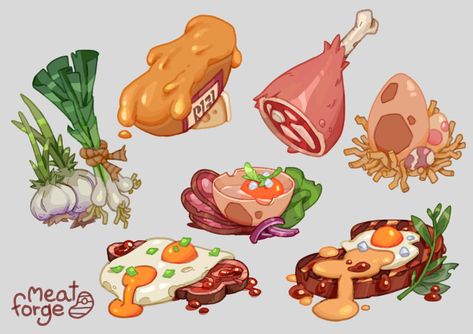 ArtStation - Meat Forge !, Alizé Giraud 귀여운 음식 그림, Props Concept, Foodie Art, Food Artwork, Props Art, Food Illustration Art, Food Fantasy, Food Props, Cute Food Drawings