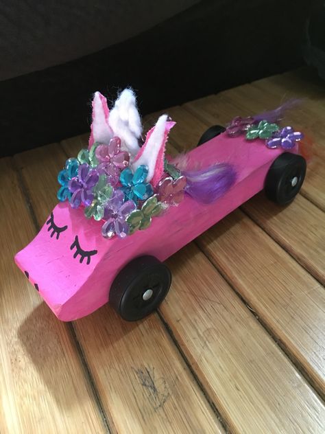 Girl Pinewood Derby Cars, Unicorn Derby Car, Pine Wood Derby Car Ideas, Pinewood Derby Car Designs, Pinewood Derby Car Ideas Girl, Derby Cars Pinewood, Awana Grand Prix Car Ideas, Pinewood Derby Car Ideas, Derby Car Ideas