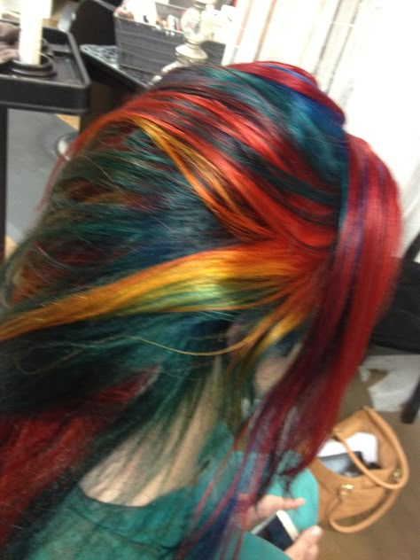 Natural Hair Color Inspiration, Chunky Colored Highlights, Dark Rainbow Hair, Oil Spill Hair, Multicoloured Hair, Red And Blue Hair, Multicolor Hair, Multi Colored Hair, Dyed Hair Inspiration