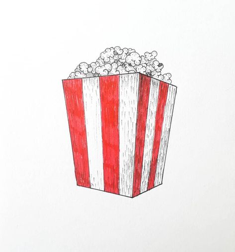 What's your mindless snacking choice? Popcorn ink illustration. Inktober 2019 red and black micron. Box Popcorn Sketch, Snacks Inktober, Food Sketch, Ink Illustration, Ink Illustrations, Food Illustrations, Ink Drawing, Popcorn, Pen And Ink