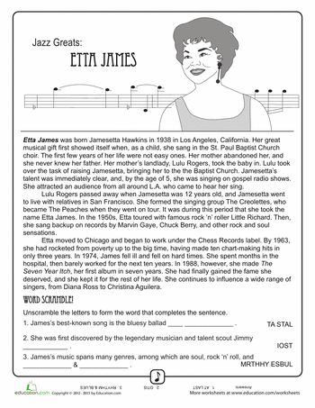 Worksheets: Jazz Greats: Etta James Music Worksheets Elementary, Music Math Worksheet, Music History Worksheets, Music Theory Worksheets Free Printable, Music Quiz Printable Work Books, Middle School Reading Comprehension, History Worksheets, Middle School Music, Homeschool Music