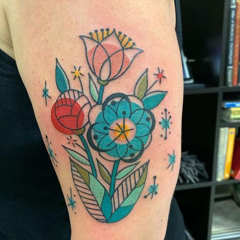 Mid Century Modern Tattoo Ideas, Retro Floral Tattoo, Retro Flower Tattoo, Folk Art Floral Tattoo, Muted Color Tattoo Vintage Flowers, Groovy Flower Tattoo, Bouquet Tattoo, Small Flower Tattoos, Modern Tattoos