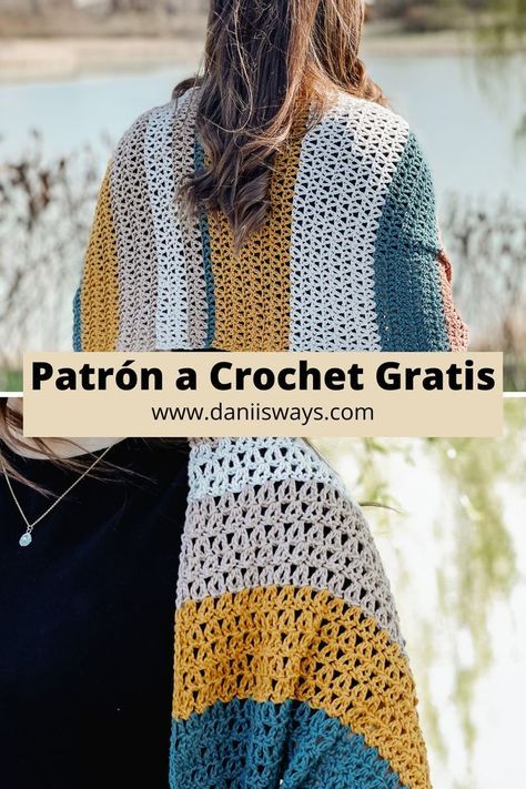 Aprende a tejer este hermoso chal rectangular. Patrón y video tutorial GRATIS, perfecto para principiantes. Un solo punto y una combinación de colores preciosa! #Crochet #ChalCrochet #Ganchillo #CrochetPasoApaso Cj Design, Crochet Shaw, Crochet Prayer Shawls, Summer Shawl, Bamboo Yarn, Summer Wraps, Learn How To Crochet, V Stitch, Crochet Wrap