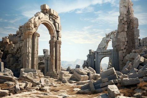 Ancient ruins architecture building rock.  | premium image by rawpixel.com / Adjima Ancient Greek Ruins, Temple Ruins Concept Art, Ruins Aesthetic, Ruined Temple, Greek Ruins, Ancient Background, Ruins Architecture, Building Landscape, Sky Building