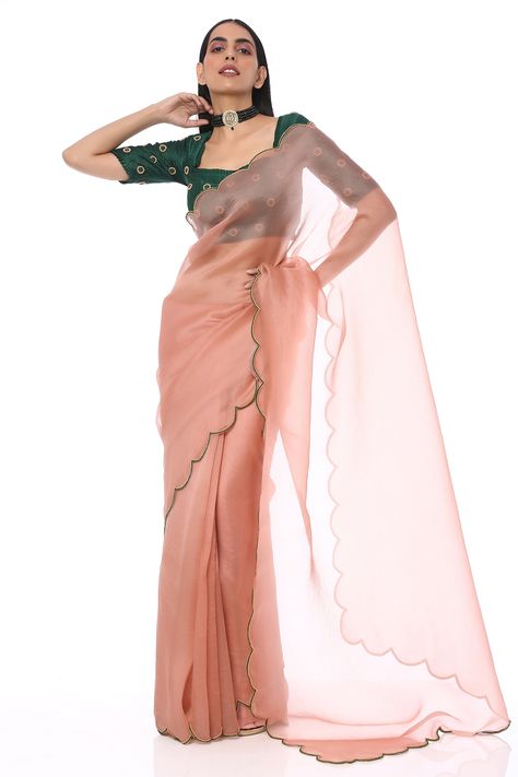 Buy Label Nitika Organza Saree with Blouse Online | Aza Fashions Pink Organza Saree, Onion Pink, Emerald Green Blouse, Embroidered Saree, Embellished Jacket, Contrast Blouse, Stylish Sarees, Blouse For Women, Embroidered Neckline