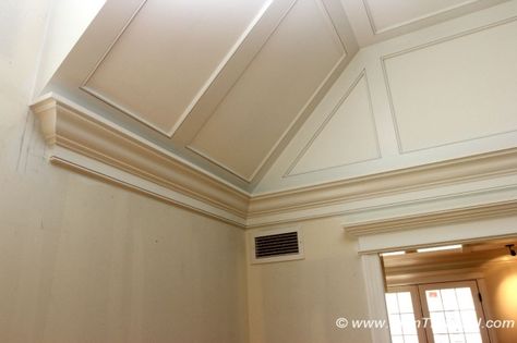 Master bedroom. Flat style coffered ceiling Bedroom Trim, Crown Molding Vaulted Ceiling, Slanted Ceiling Bedroom, Vaulted Ceiling Ideas, Vaulted Ceiling Lighting, Vaulted Ceiling Living Room, Trim Carpentry, Fireplace Mantles, Angled Ceiling