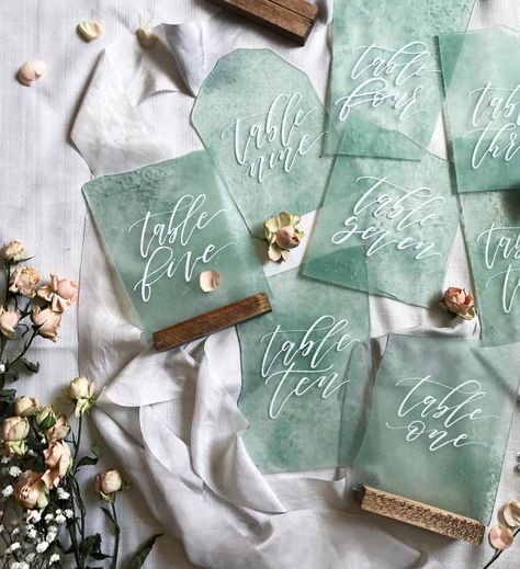 Sea Glass Table Numbers by @bashcalligraphy / Beach Wedding Decor / Boho Beach Wedding Glass Table Numbers, Sea Glass Table, Sea Glass Wedding, Boho Beach Wedding, Beach Wedding Decorations, Wedding Place, Wedding Guide, Wedding Table Numbers, Wedding Place Cards