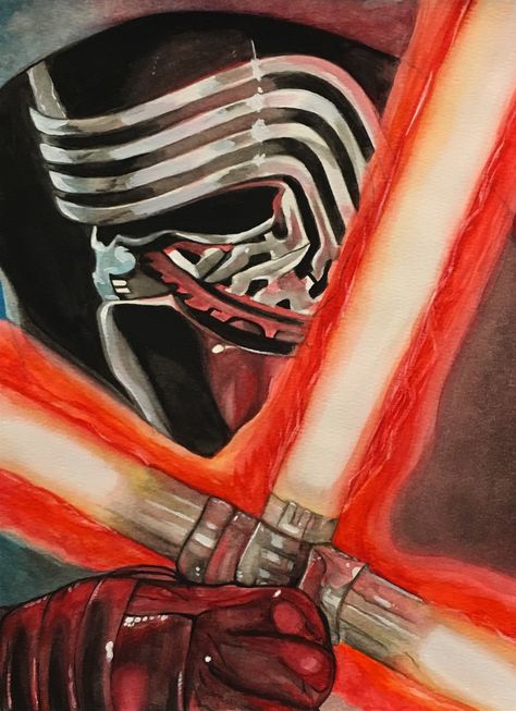 Star Wars Kylo Ren Watercolor Painting Star Wars Colored Pencil Art, Star Wars Watercolor Painting, Kylo Ren Painting, Star Wars Painting Ideas, Art Nouveau Posters, Star Wars Canvas Art, Denim Paint, Star Wars Sequel Trilogy, Star Wars Colors