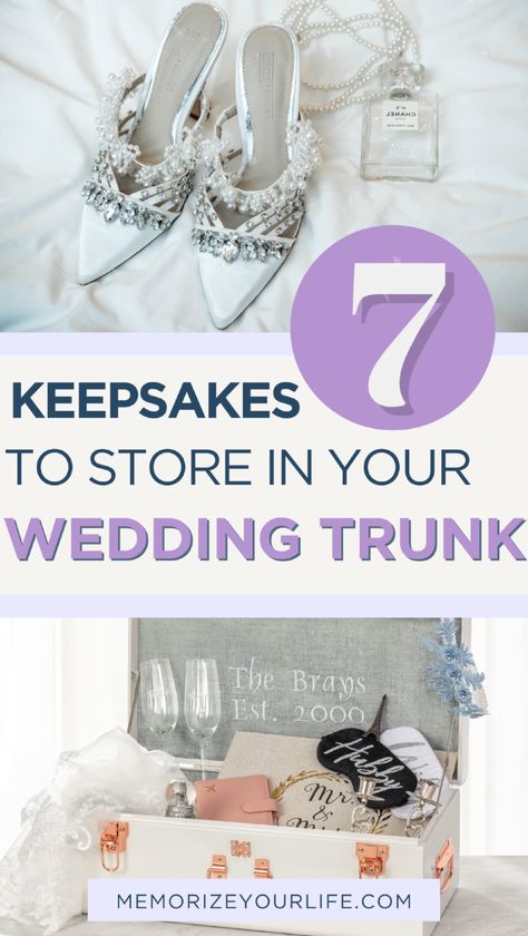 Wondering what to do with all those sentimental items after your big day? Check out our list of 7 must-have wedding keepsakes for your wedding trunk. From your wedding day perfume to customized bridal shoes, find out what to put in your memory trunk to preserve those special moments. Visit our blog for more wedding planning and organization ideas! Wedding Day Perfume, Keepsake Trunk, Wedding Trunk, Unique Wedding Keepsakes, Bridal Planner, Wedding Shower Gifts, Vow Book, Wedding Quotes, Future Bride