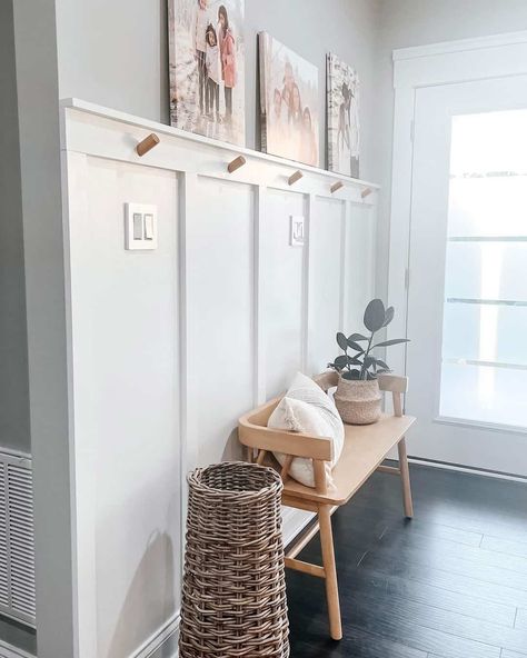 Wainscoting Ledge, Wainscoting Ideas Entryway, Entryway Wainscoting, Narrow Entryway Ideas, Ledge Decor, Traditional Console Tables, Installing Wainscoting, White Entryway, Small Staircase