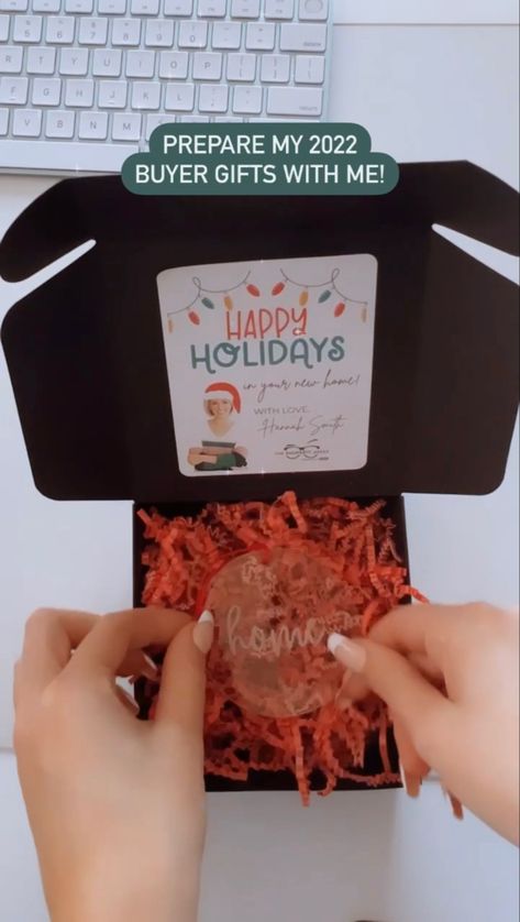 For my real estate clients spending their first Christmas in their new home, I send this super cute ornament! Watch until the end to see my reminder for all my buyers too… Christmas Gift For Clients, Realtor Christmas Gifts For Clients, Christmas Gifts For Clients, Client Gifts Christmas, Real Estate Client Gifts, Realtor Tips, Hannah Smith, Client Appreciation, Client Gifts