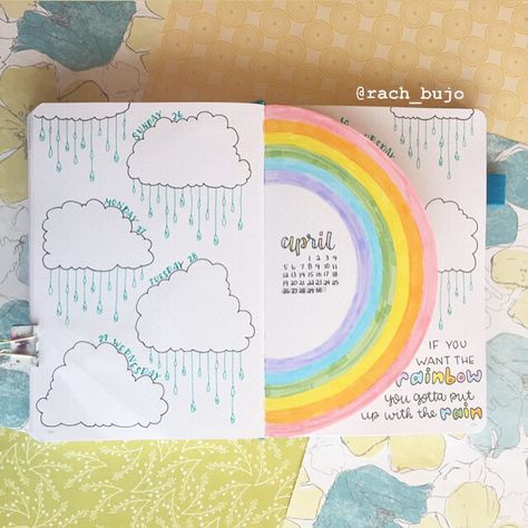 Last weekly spread of April! This was so fun to make. ❤️🧡💛💚💙💜 . . . . [ #accessibility : For this weekly spread, seven rain clouds are draw… | Instagram Rain Bullet Journal, April Journal Ideas, April Journal, April Bujo, Journal 2025, 2024 Bujo, Journal Things, April Bullet Journal, Vision Boarding