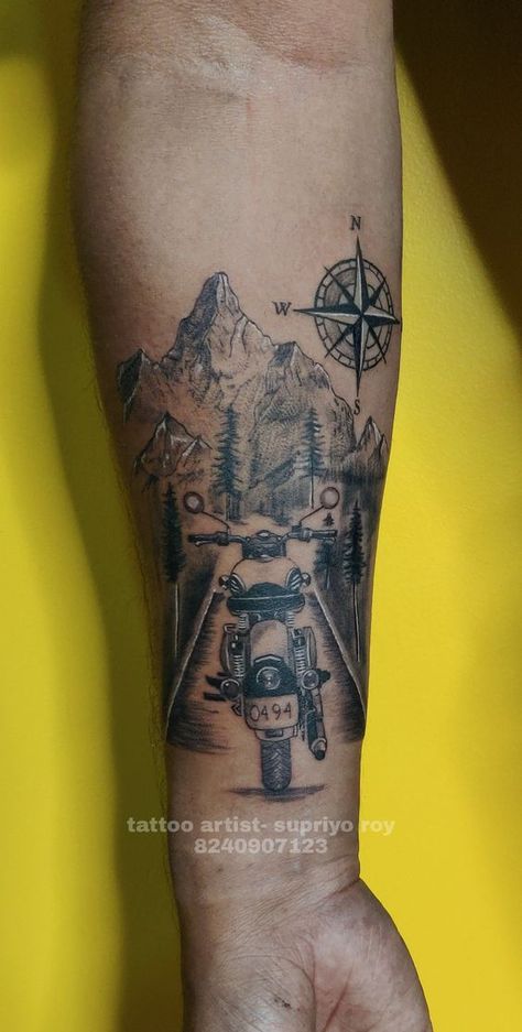 Royal Enfield Tattoo For Men, Motorcycle Mountain Tattoo, Biking Tattoos For Men, Bike Tattoo Ideas Motorcycles, Travelling Tattoos Men, Royal Enfield Tattoo, Biker Tattoos For Men, Motorcycle Tattoo For Women, Biker Tattoo Design