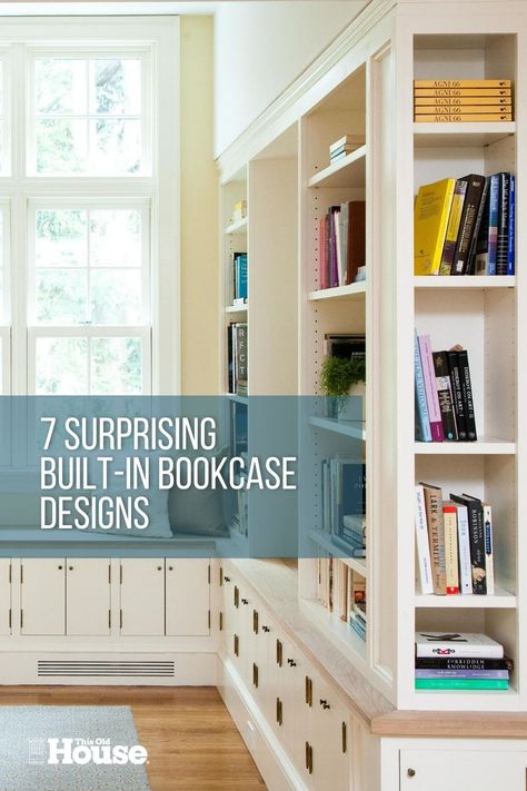 Get ideas to help you design and build built-in bookshelves to add more beautiful and functional storage to your room. #bookcase #storage Built In Hallway Bookcase, Built In Bookshelves Plans, Built In Bookshelves Different Size Shelves, Bookcases Under Windows, Bookcase In Front Of Window, Slim Built In Bookcase, Built In Bookshelves With Drawers, Wrap Around Built In Bookshelves, Built In Bookcase With Drawers